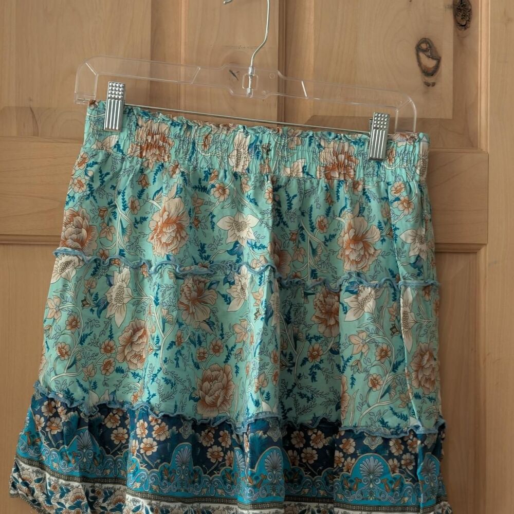 Boho Turquoise Floral Tiered Mini Skirt Ruffle Festival Concert